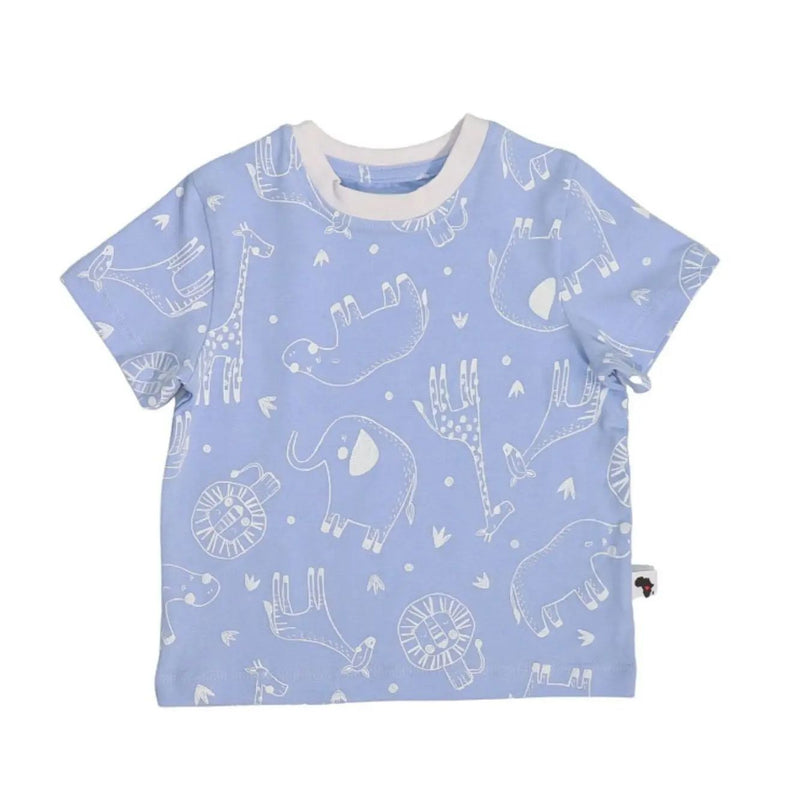 Tee Shirt – Savannah Lines in Sky Blue with white safari animal print including lions, elephants, hippos, and giraffes.