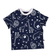 Tee Shirt – Savannah Lines in Navy with white safari animal print including lions, elephants, hippos, and giraffes.