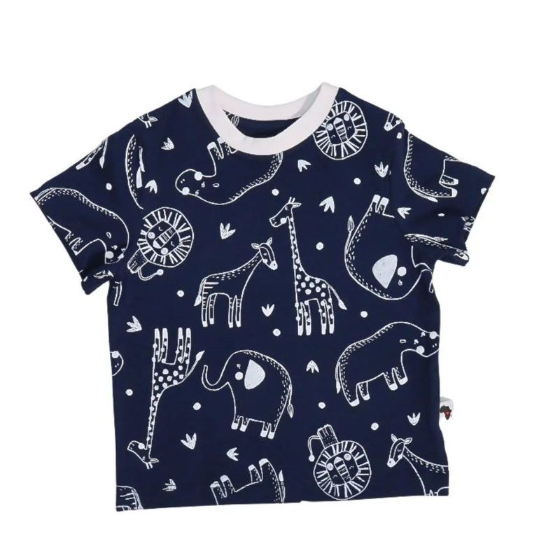 Tee Shirt – Savannah Lines in Navy with white safari animal print including lions, elephants, hippos, and giraffes.