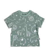 Tee Shirt – Savannah Lines in Sage Green with white safari animal print including lions, elephants, hippos, and giraffes.