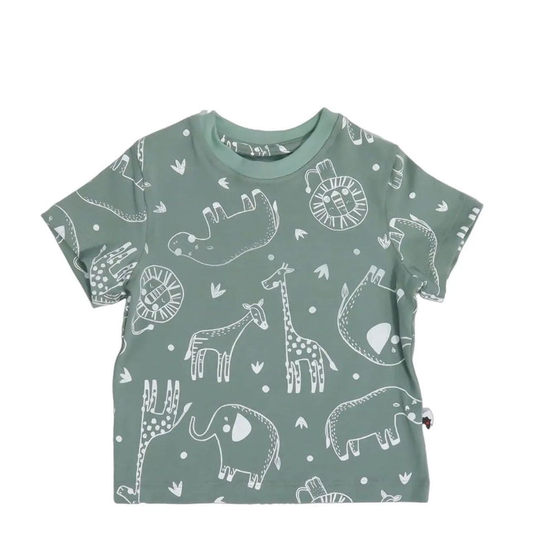 Tee Shirt – Savannah Lines in Sage Green with white safari animal print including lions, elephants, hippos, and giraffes.