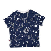 Back of Tee Shirt – Savannah Lines in Navy with white safari animal print including lions, elephants, hippos, and giraffes.