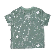 Back of Tee Shirt – Savannah Lines in Sage Green with white safari animal print including lions, elephants, hippos, and giraffes.