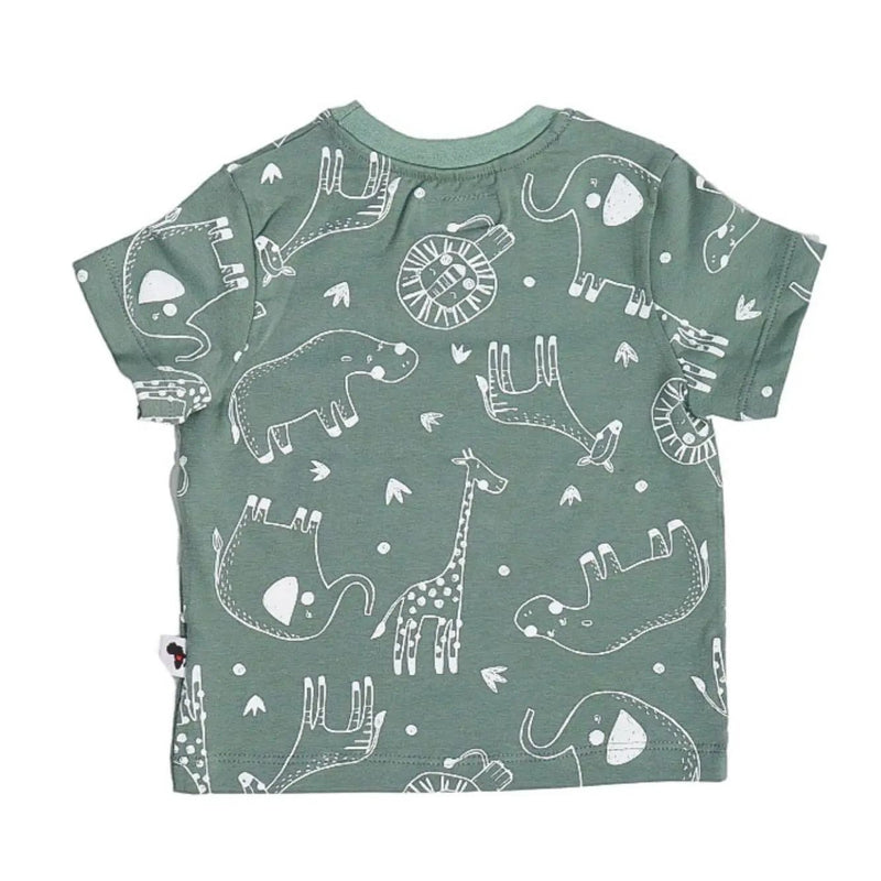 Back of Tee Shirt – Savannah Lines in Sage Green with white safari animal print including lions, elephants, hippos, and giraffes.