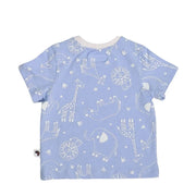 Back of Tee Shirt – Savannah Lines in Sky Blue with white safari animal print including lions, elephants, hippos, and giraffes.