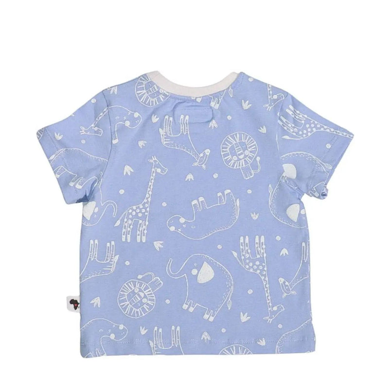 Back of Tee Shirt – Savannah Lines in Sky Blue with white safari animal print including lions, elephants, hippos, and giraffes.