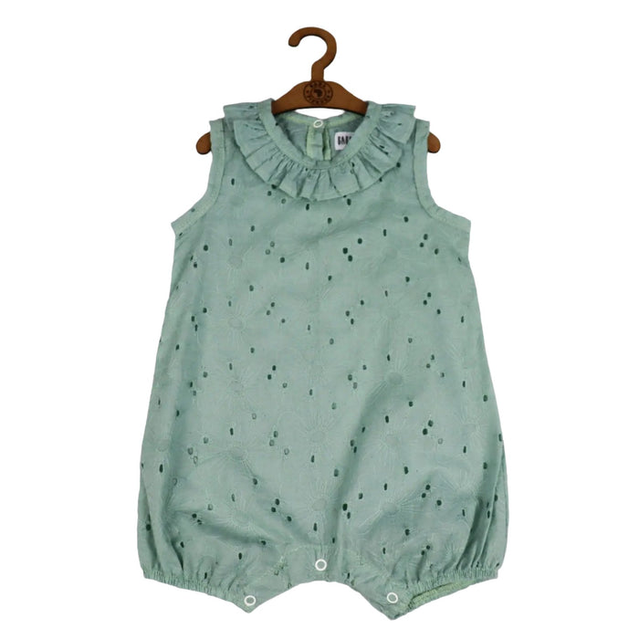 FRILLY NECK ROMPER ANGLAISE - SAGE / WHITE BABAFISHEES