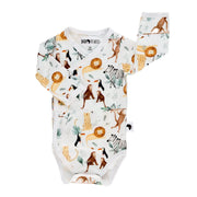 Front view of a  White long-sleeve wrap onesie featuring a watercolour jungle print with lions, monkeys, zebras, cheetahs, and toucans from BabaFishees