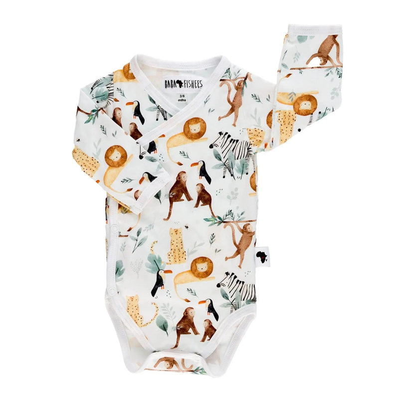 Front view of a  White long-sleeve wrap onesie featuring a watercolour jungle print with lions, monkeys, zebras, cheetahs, and toucans from BabaFishees