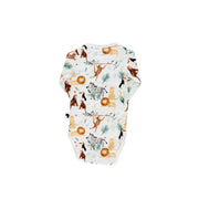 Back view of a  White long-sleeve wrap onesie featuring a watercolour jungle print with lions, monkeys, zebras, cheetahs, and toucans from BabaFishees