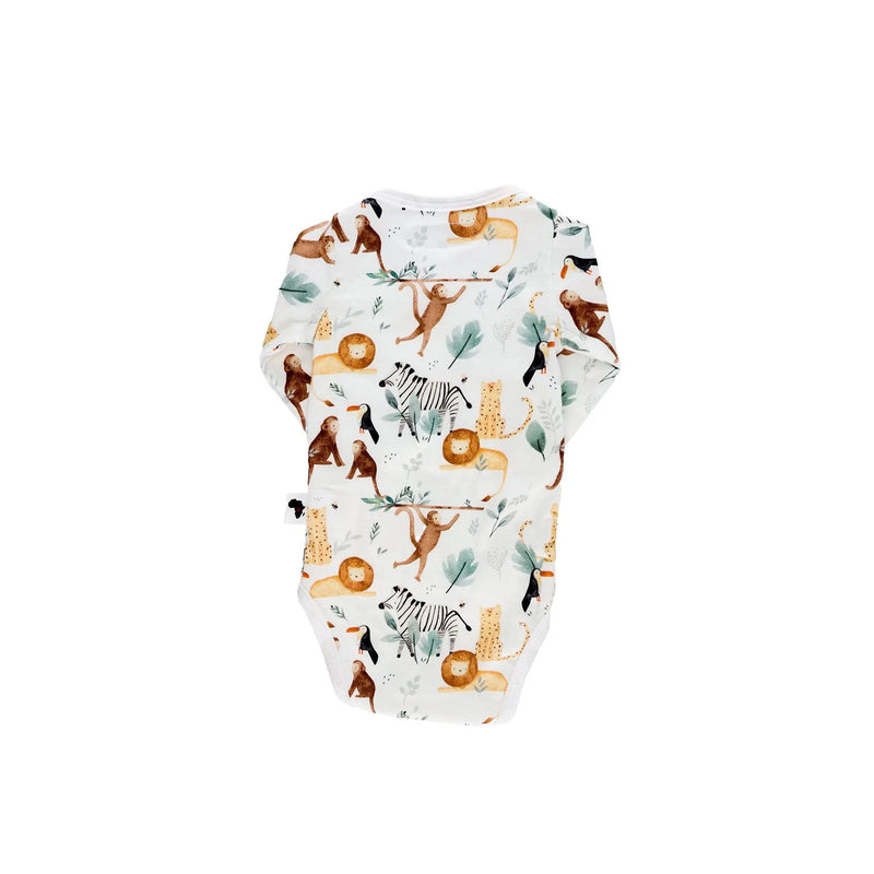 Back view of a  White long-sleeve wrap onesie featuring a watercolour jungle print with lions, monkeys, zebras, cheetahs, and toucans from BabaFishees