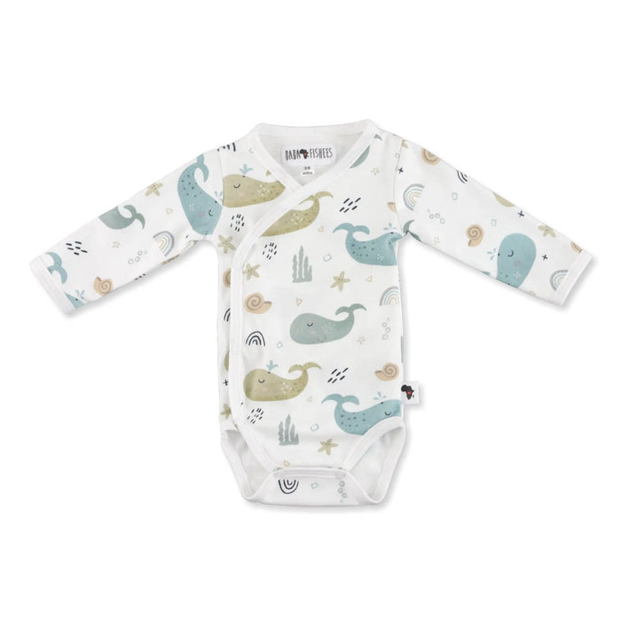 WRAP ONESIE - LS - WHALES ON WHITE BABAFISHEES