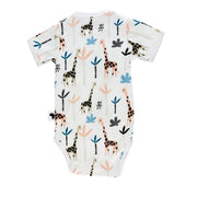 Back view of White short-sleeve wrap onesie with a playful giraffe print from BabaFishees