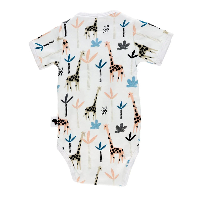 Back view of White short-sleeve wrap onesie with a playful giraffe print from BabaFishees