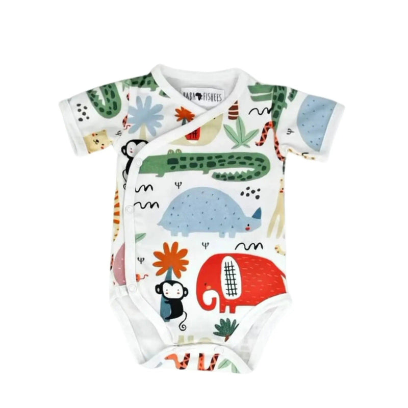 wrap onesie - ss - rust ellie with shortsleeves, wrap-front press stud fastening and rust ellie print