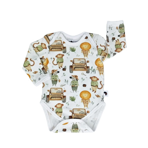 A soft, high-quality long sleeve cotton classic onesie with colorful illustrations of various animals, including a zebra and a monkey in safari gear, along with leaves and safai jeeps scattered throughout the design.