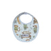 A white classic baby bib with colorful illustrations of various animals, including a zebra and a monkey in safari gear, along with leaves and safai jeeps scattered throughout the design.