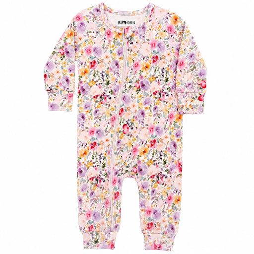 Adapt Romper in Floral Fantasy print with long sleeves, front zip opening, enclosed feet and soft pastel floral design