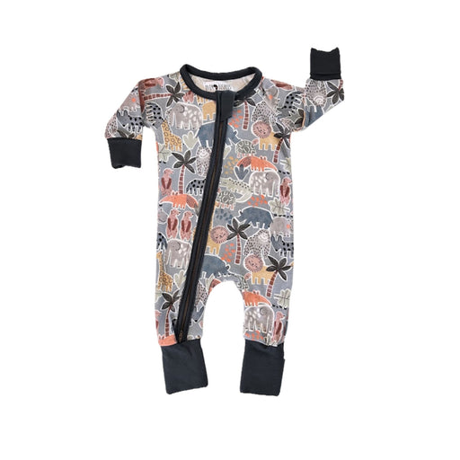 A baby long-sleeve footy adapt romper one-piece sleeper with an all-over safari animal print, featuring a front double  zipper and solid airforce blue mitten cuffs and neckline.