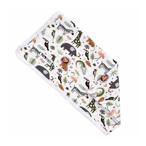 Partly unfolded Baby Blanket - African Plains showing white bound edges, rounded corners and a colourful animal print with elephants, lions, zebras, crocodiles and flamingos.