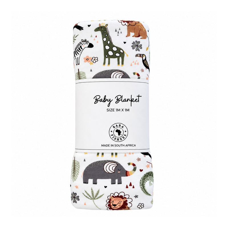 Packaged Baby Blanket - African Plains with green giraffes, grey elephants, rust lions and zebras on white, wrapped in a Baba Fishees band marked 1 m × 1 m.