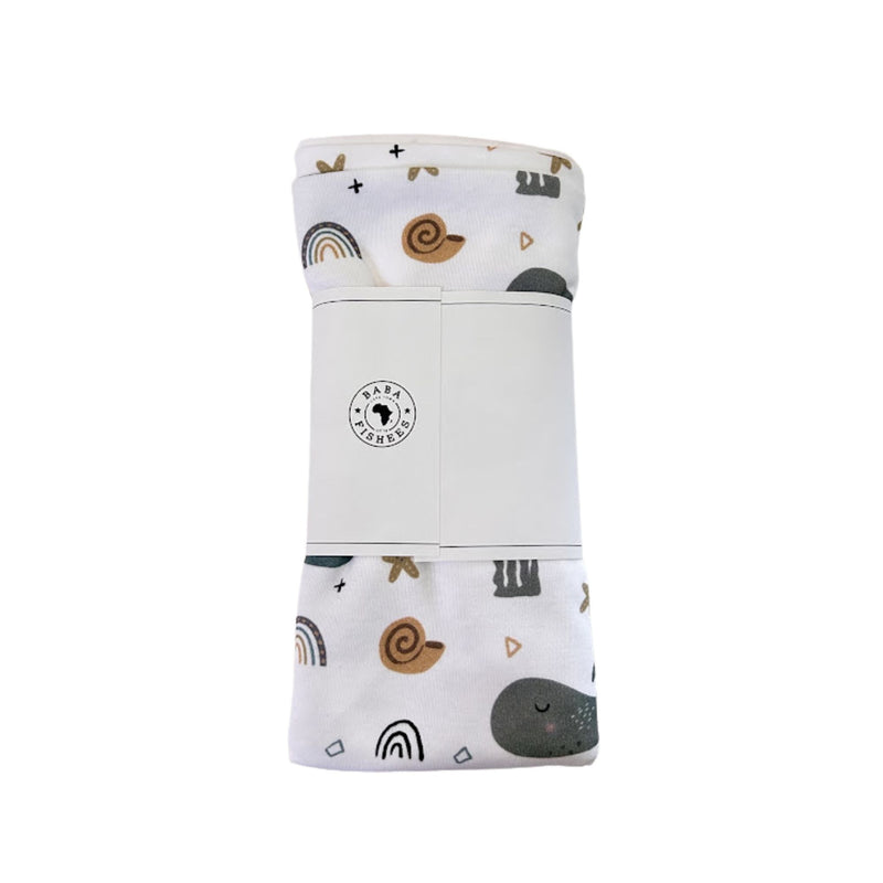 Baby Blanket - Whales on White packaged white cotton baby blanket with whale print