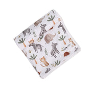 Baby blanket with zebra party print pattern on a white background