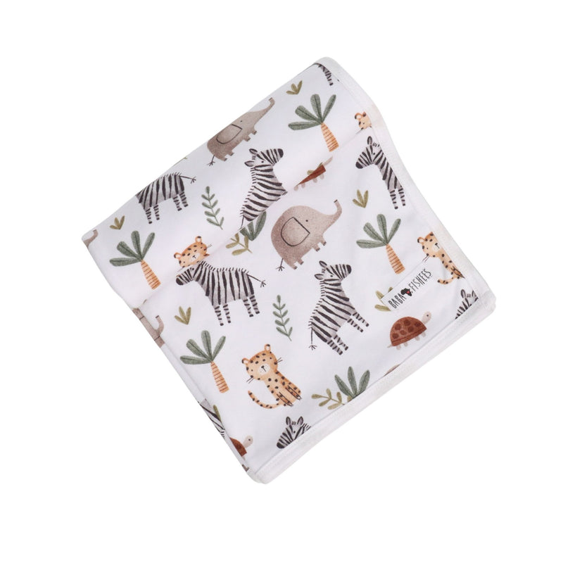 Baby blanket with zebra party print pattern on a white background