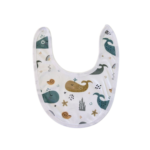 Bib - Whales on White white cotton baby bib with blue, grey and mustard whale print