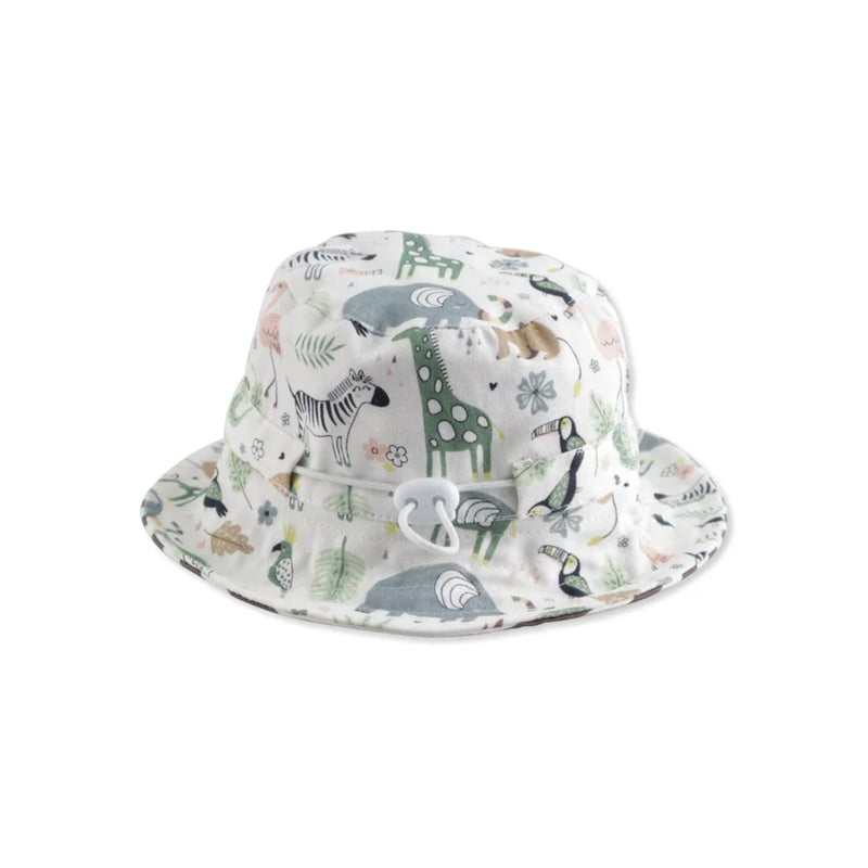 Bucket Hat  - African Plains in safari animal print with striped reverse in cotton twill with toggle