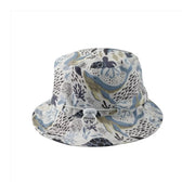 Side view of Bucket Hat - African Sea World a reversible kids bucket hat with African Sea World ocean animal print and navy stripe on the reverse in cotton twill showing toggle