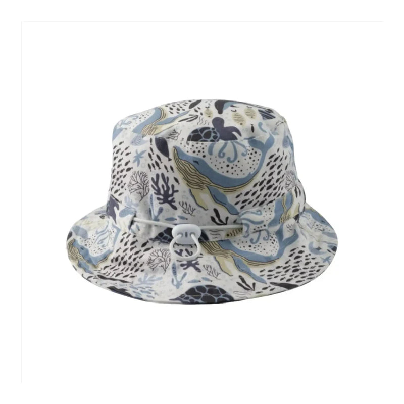 Side view of Bucket Hat - African Sea World a reversible kids bucket hat with African Sea World ocean animal print and navy stripe on the reverse in cotton twill showing toggle