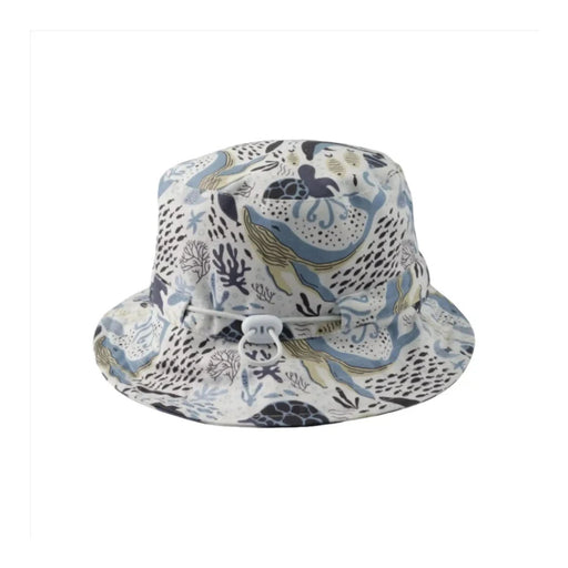 Side view of Bucket Hat - African Sea World a reversible kids bucket hat with African Sea World ocean animal print and navy stripe on the reverse in cotton twill showing toggle