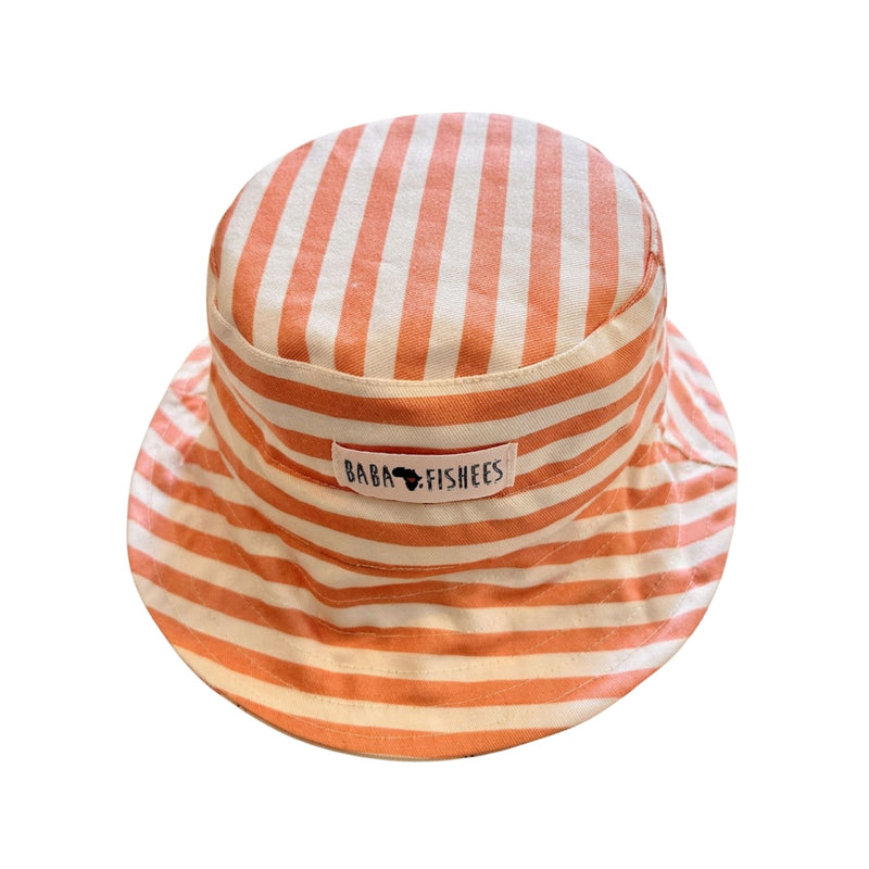 Reverse of Bucket hat - Crab Gang light blue and pink crab and coral print showing peach and white stripes