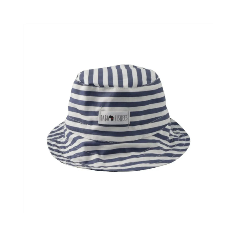 rEVERSE OF Bucket Hat – Otto the Octopus reversible cotton sun hat with blue octopus ocean print and blue and white stripes on the reverse