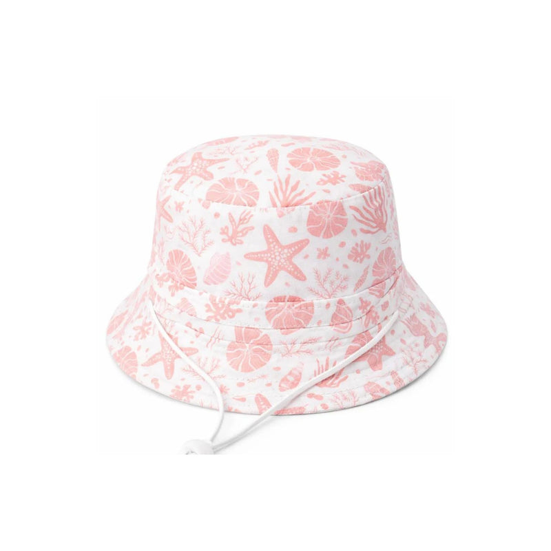 White children's bucket hat wth soft pink seashells print