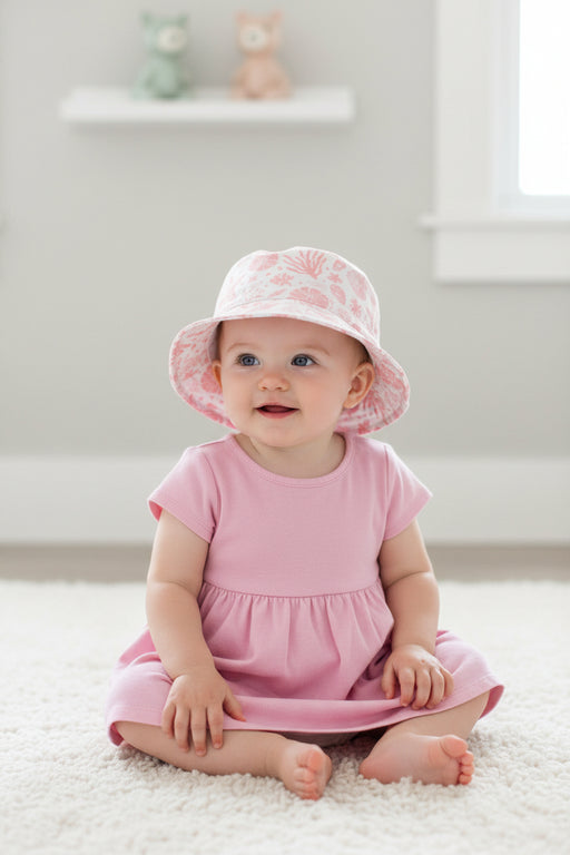 White children's bucket hat wth soft pink seashells print