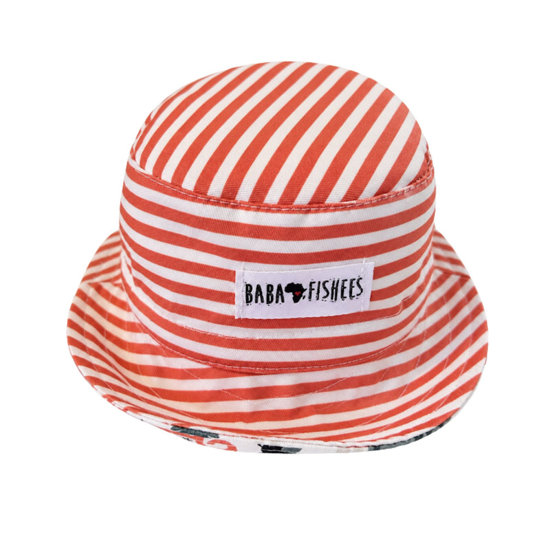 Bucket Hat – Rust Ellie reversible cotton sun hat rust-and-white stripe with safari animal print on reverse
