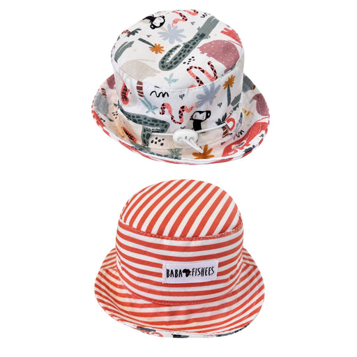 Bucket Hat – Rust Ellie reversible cotton sun hat with safari animal print and rust-and-white striped reverse