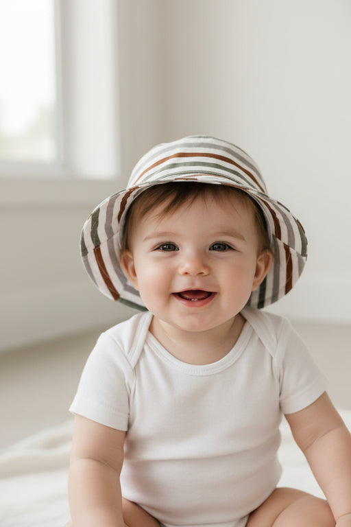 Bucket Hat - Zebra Party reversible cotton twill hat with zebras, cheetahs, elephants, tortoises and striped on reverse side.