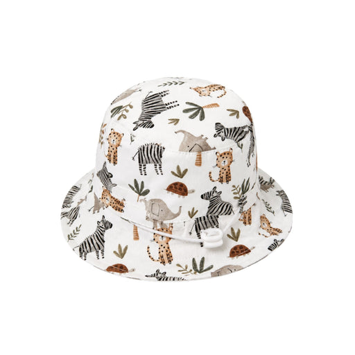 Bucket Hat - Zebra Party reversible cotton twill hat with zebras, cheetahs, elephants, tortoises and striped reverse side.