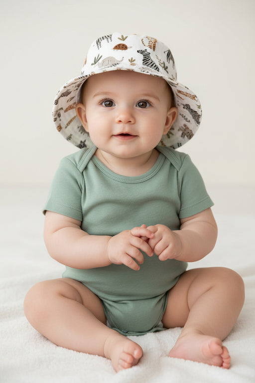 Bucket Hat - Zebra Party reversible cotton twill hat with zebras, cheetahs, elephants, tortoises and striped reverse side.