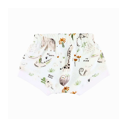 Back of Bummies – Hi There White cotton baby shorts with safari animal print and elastic waistband