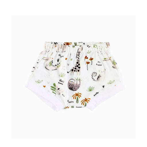 Bummies – Hi There White cotton baby shorts with safari animal print and elastic waistband