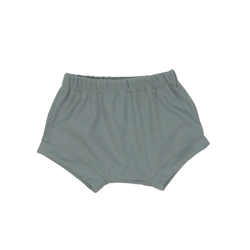 Sage green ribbed baby bummies with soft elastic waistband