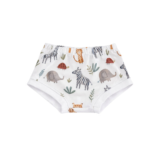 White baby bummies with Zebra Party safari print featuring zebras, elephants, cheetahs, tortoises and leafy details