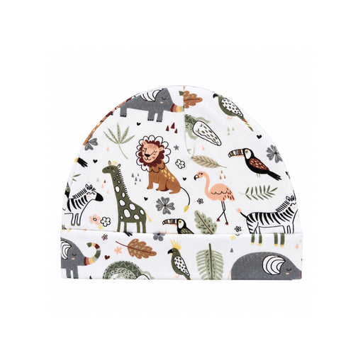 White African Plains classic baby beanie with colourful animal, bird and leaf motifs.