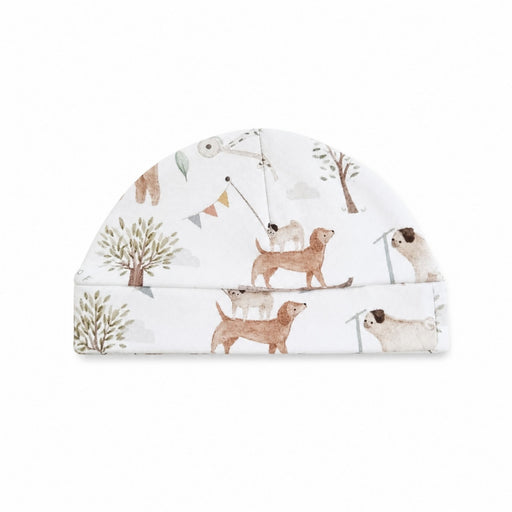 Classic Beanie in white Dogs Playground print with illustrated dogs, trees and soft neutral details