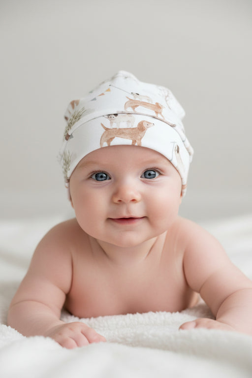 Classic Beanie in white Dogs Playground print with illustrated dogs, trees and soft neutral details