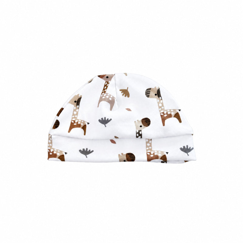 White cotton/lycra baby beanie featuring playful brown, beige and grey giraffes with scattered leaves, a rounded crown and wide fold-over band.